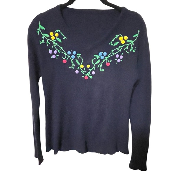 VINTAGE 70S V-NECK SWEATER NAVY BLUE 3D POMPOM FLORAL FLOWERS MULTI-COLOR XS/S - Picture 4 of 14
